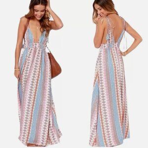 Lulus Boho Print Maxi Dress Deep V Adjustable Straps Festival